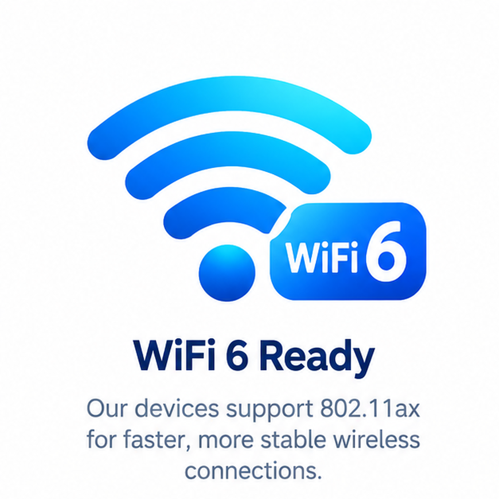 WiFi 6 ready. Our devices support 802.11ax for faster, more stable wireless connections.